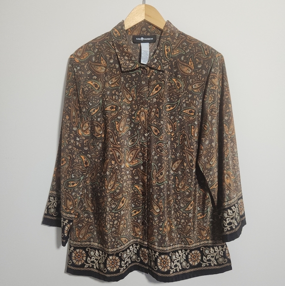 Sag Harbor Tops - Sag Harbor Button Up Blouse Brown Paisley Border Print Padded Shoulder XL
